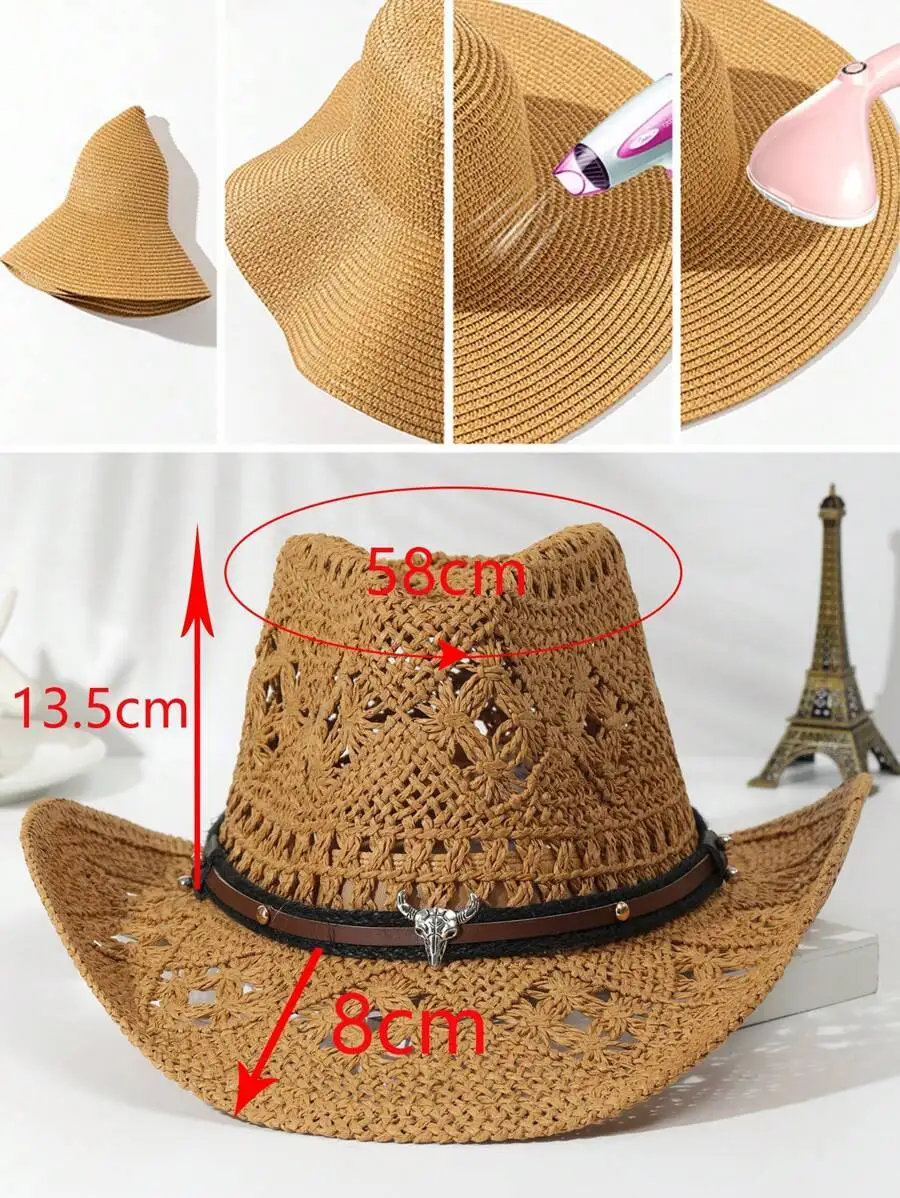 Unisex Straw Cowboy Hat With Cattle Head Decor Hollow Design Sun Hat For Summer Beach Travel
Unisex Straw Cowboy Hat With Cattle Head Decor Hollow Design Sun Hat For Summer Beach Travel