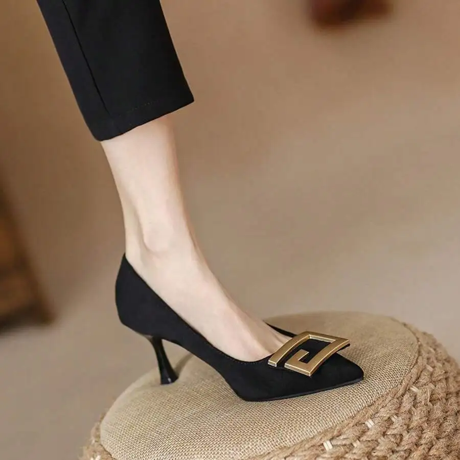 Matte Black Pointed Toe Stiletto Heel Pumps With Geometric Metal Buckle For Office Party
Matte Black Pointed Toe Stiletto Heel Pumps With Geometric Metal Buckle For Office Party