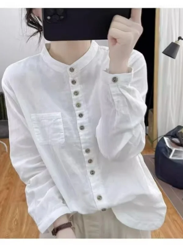 Retro Cotton Linen Women's Shirt Loose Casual Slimming Long Sleeve Fashion Autumn Top Stand Collar Open Cardigan Style
Retro Cotton Linen Women's Shirt Loose Casual Slimming Long Sleeve Fashion Autumn Top Stand Collar Open Cardigan Style