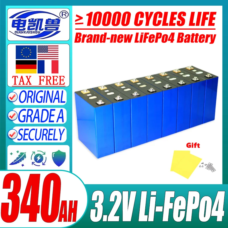 DIANKAISHOU 3.2V LiFePo4 High-capacity Battery 340AH DIY 12V 24V 48V Camping car Golf cart Rechargeable Battery Tax Free
DIANKAISHOU 3.2V LiFePo4 High-capacity Battery 340AH DIY 12V 24V 48V Camping car Golf cart Rechargeable Battery Tax Free