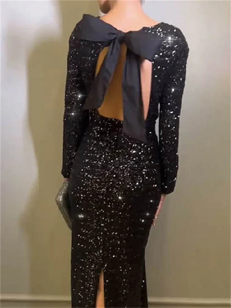 Tee Bow Sequin Slim Maxi Dress For Women Backless Split Glitter Elegant Club Fashion Party Dress Ladies Long Sleeve Dress
Tee Bow Sequin Slim Maxi Dress For Women Backless Split Glitter Elegant Club Fashion Party Dress Ladies Long Sleeve Dress