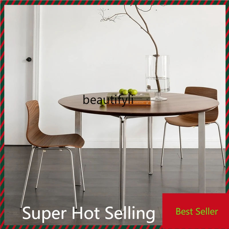 G1218 Solid wood retro round table walnut small apartment dining table medieval negotiation table stainless steel 
G1218 Solid wood retro round table walnut small apartment dining table medieval negotiation table stainless steel