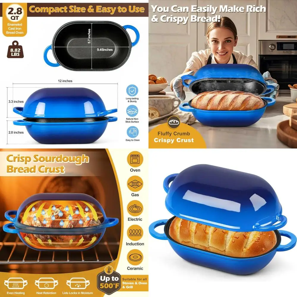 Blue Heavy-Duty 2.8 QT Oval Enamel Cast Iron Dutch Oven for Sourdough Bread Baking with Lid
Blue Heavy-Duty 2.8 QT Oval Enamel Cast Iron Dutch Oven for Sourdough Bread Baking with Lid