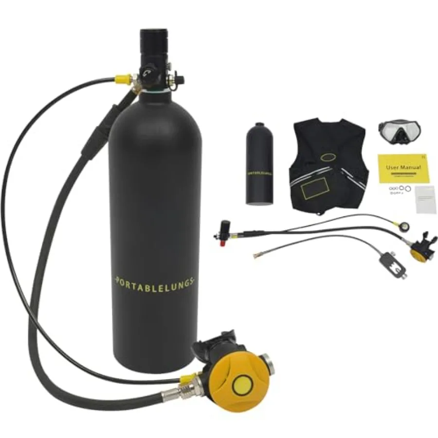 Scuba Tank Kit for recreational shallow water diving, aluminum alloy, black, 2L capacity 3000PSI pressure with backpack and div
Scuba Tank Kit for recreational shallow water diving, aluminum alloy, black, 2L capacity 3000PSI pressure with backpack and div