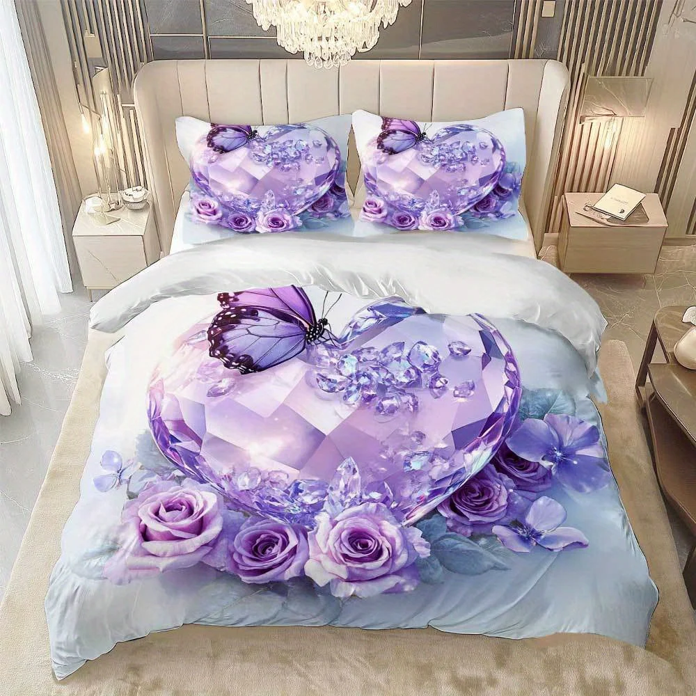 3pcs Purple Bedding Set Diamond Heart Rose Butterfly 3D Print Cozy Duvet Cover King Queen Twin Size Birthday Gift Bedroom Decor
3pcs Purple Bedding Set Diamond Heart Rose Butterfly 3D Print Cozy Duvet Cover King Queen Twin Size Birthday Gift Bedroom Decor