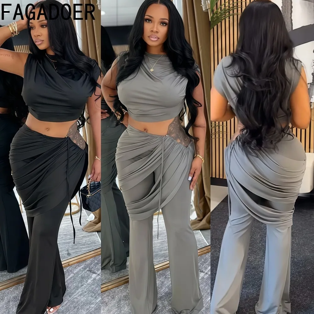 FAGADOER Sexy Ruched Patchwork 2 Pieces Set for Woman Outfits Solid Color Sleeveless Crop Top +irregular Pants Female Streetwear 
FAGADOER Sexy Ruched Patchwork 2 Pieces Set for Woman Outfits Solid Color Sleeveless Crop Top +irregular Pants Female Streetwear