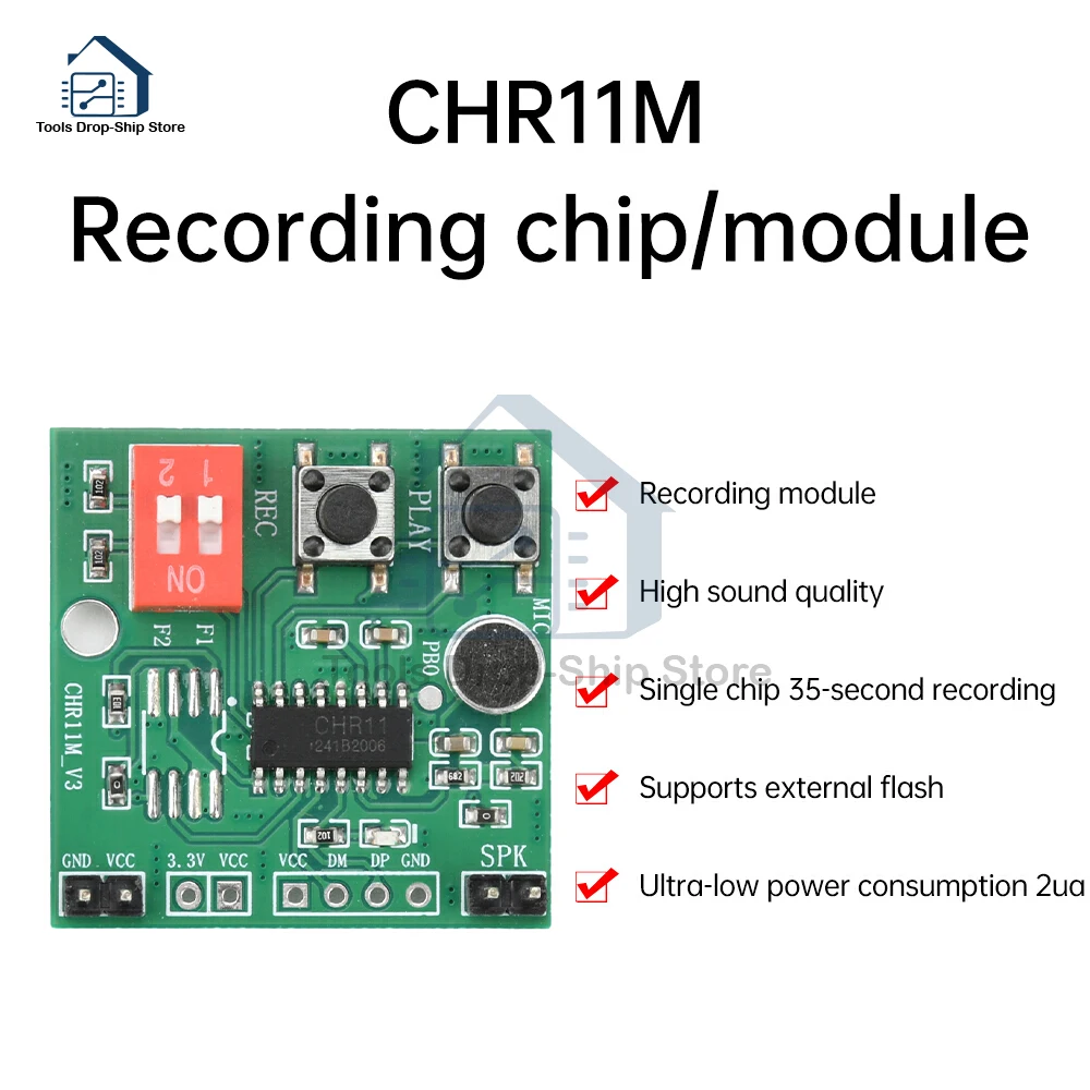 DC 2-5.2V 35S Recording Module High Quality Sound Quality Single Chip 35 Seconds Recording Support External Flash Low Power Mode 
DC 2-5.2V 35S Recording Module High Quality Sound Quality Single Chip 35 Seconds Recording Support External Flash Low Power Mode