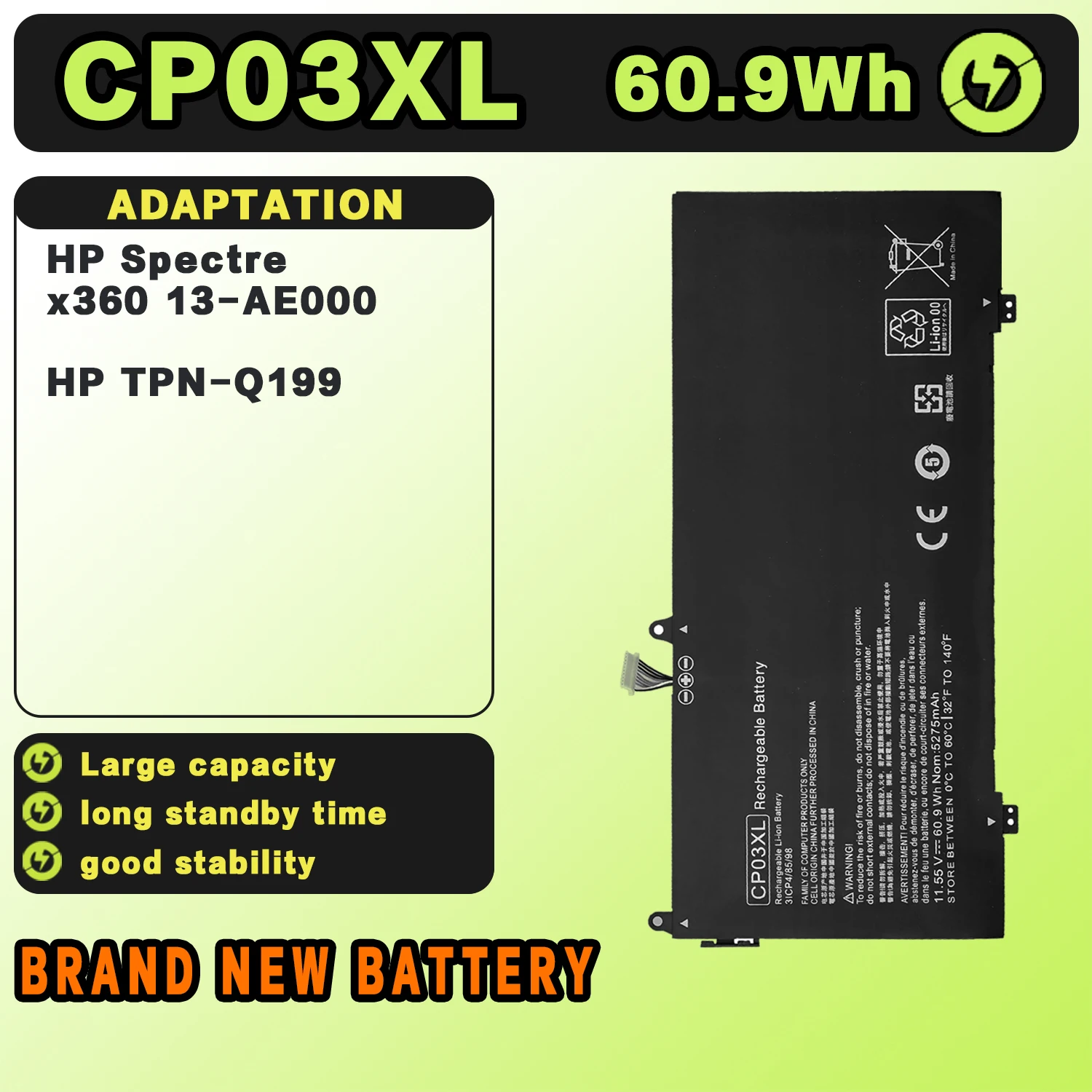 SAT Laptop Battery for HP CP03XL Spectre x360 13-ae049ng 13-ae040ng 13-ae052nr 929066-421 929072-855 HSTNN-LB8E 11.55V 5275mAh
SAT Laptop Battery for HP CP03XL Spectre x360 13-ae049ng 13-ae040ng 13-ae052nr 929066-421 929072-855 HSTNN-LB8E 11.55V 5275mAh