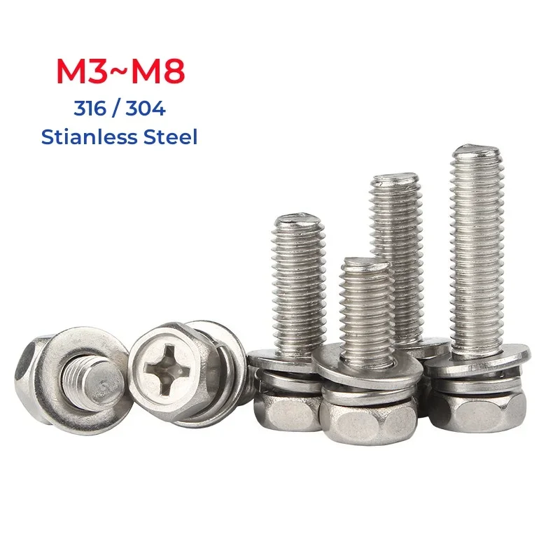 316/304 Stainless Steel Cross Phillips External Hex Hexagon Head SEM Screw M3 M4 M5~M10 Flat Washer Spring Gasket Assemble Bolt
316/304 Stainless Steel Cross Phillips External Hex Hexagon Head SEM Screw M3 M4 M5~M10 Flat Washer Spring Gasket Assemble Bolt