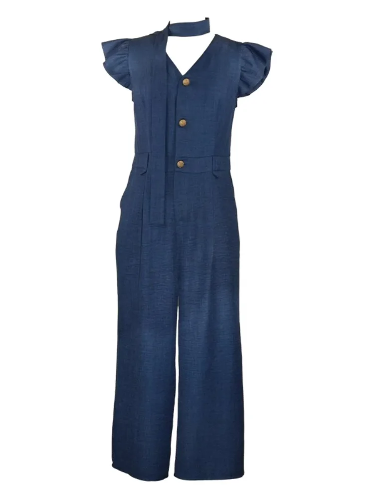 Single Breasted Flying Sleeve Jumpsuits Straight Long Pants Blue Comfortable Elegant Summer Jumpsuits Office Lady French Style
Single Breasted Flying Sleeve Jumpsuits Straight Long Pants Blue Comfortable Elegant Summer Jumpsuits Office Lady French Style