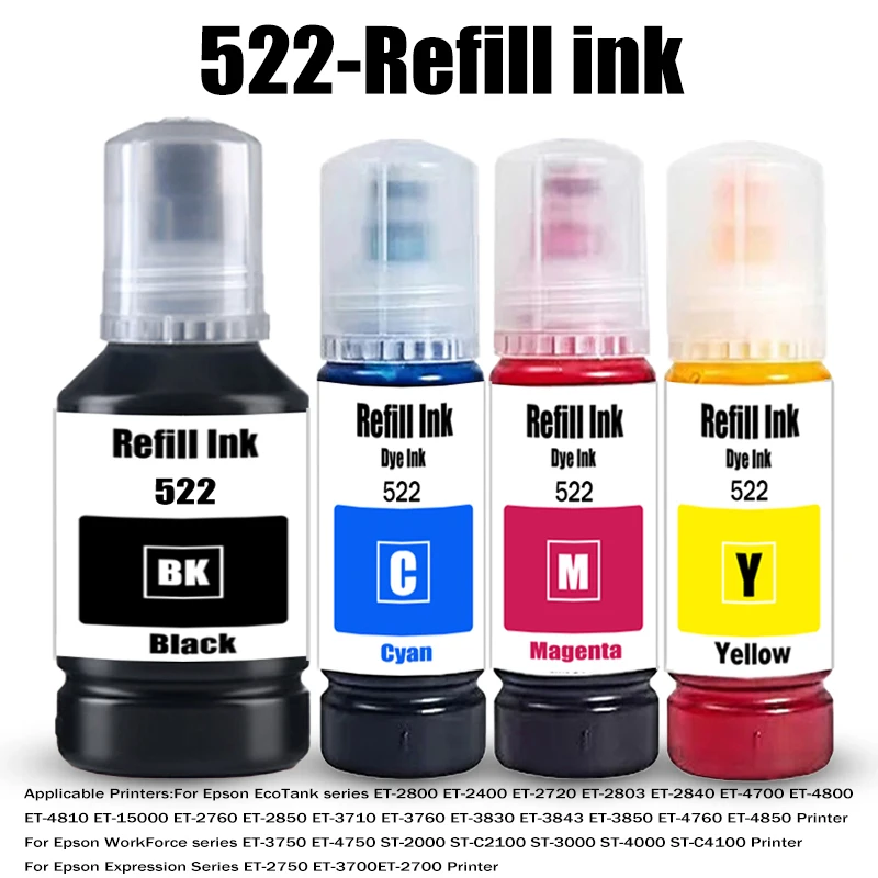 522 Epson Refill ink 522 Dye Ink for For Epson ET-1110 ET-1810 ET-2400 ET-2710 ET-2720 ET-2800 ET-2810 ET-4700/ET-4800 Printer
522 Epson Refill ink 522 Dye Ink for For Epson ET-1110 ET-1810 ET-2400 ET-2710 ET-2720 ET-2800 ET-2810 ET-4700/ET-4800 Printer