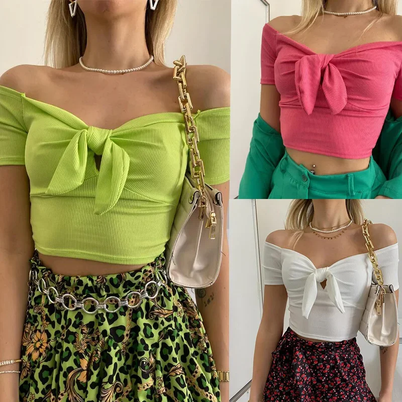 Sexy Off Shoulder Twist Bow Bare Midriff Short T Shirt Women Short Sleeves Bottoming Shirt Ladies Tee Shirt Tops Camisetas Mujer
Sexy Off Shoulder Twist Bow Bare Midriff Short T Shirt Women Short Sleeves Bottoming Shirt Ladies Tee Shirt Tops Camisetas Mujer