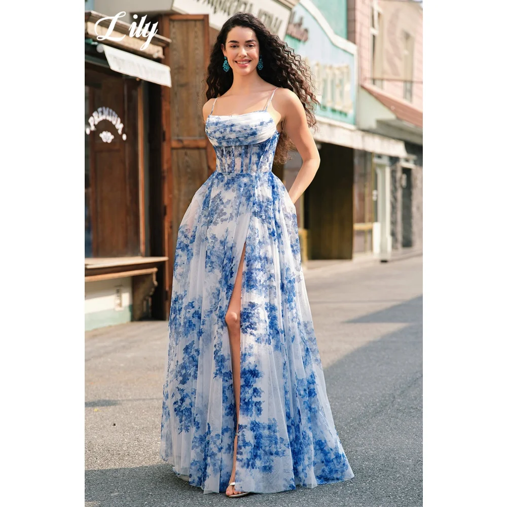 Lily Sky Blue Spaghetti Chiffon Prom Dress Floral Print A-Line Elegant Evening Dress Front Slit Party Dress For Women Customized
Lily Sky Blue Spaghetti Chiffon Prom Dress Floral Print A-Line Elegant Evening Dress Front Slit Party Dress For Women Customized