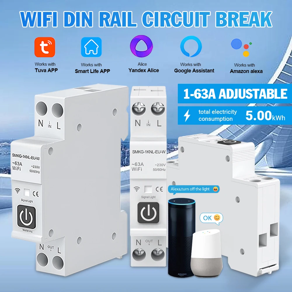 Tuya Smart Life WIFI Din Rail автоматический выключатель 1-63A Регулируемый с измерителем мощности настройка значения автоотключения поддержка Alexa Alice
Tuya Smart Life WIFI Din Rail автоматический выключатель 1-63A Регулируемый с измерителем мощности настройка значения автоотключения поддержка Alexa Alice