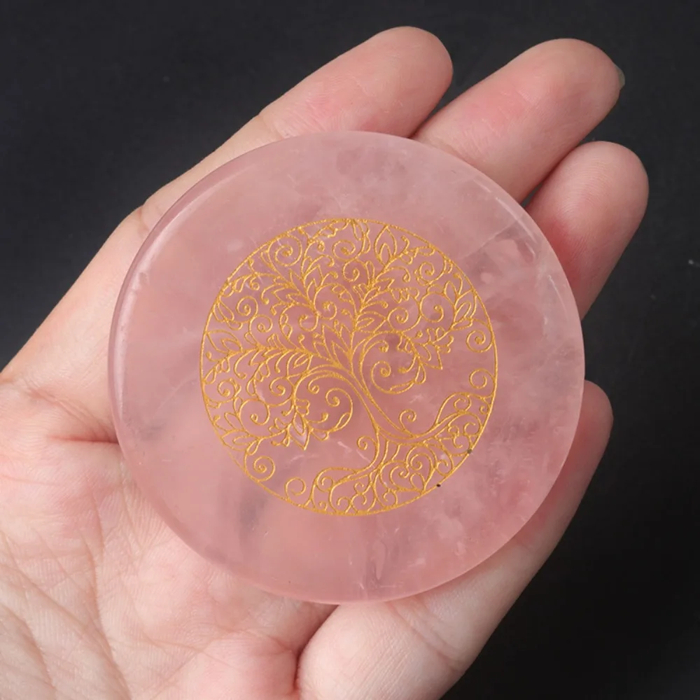 55mm Natural Sliced Rose Quartz Coaster Engraved Star Moon Tree of Life Pattern Healing Crystals Stone Base Home Decor Ornament
55mm Natural Sliced Rose Quartz Coaster Engraved Star Moon Tree of Life Pattern Healing Crystals Stone Base Home Decor Ornament