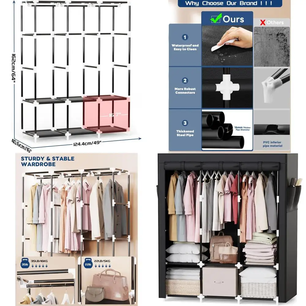 50 Space-Saving Black Portable Wardrobe with 3 Rods & 6 Shelves for Bedroom Storage
50 Space-Saving Black Portable Wardrobe with 3 Rods & 6 Shelves for Bedroom Storage