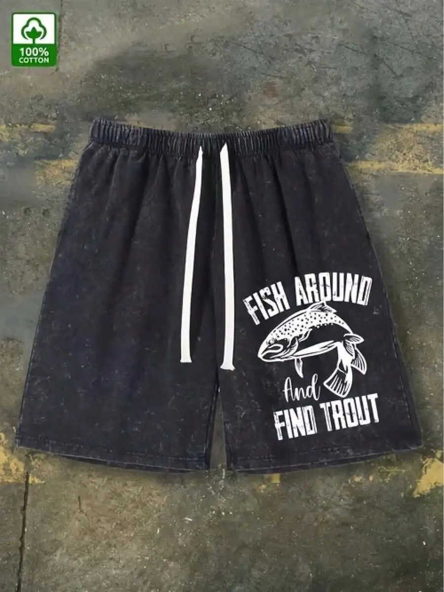 Mens Black Vintage Washed Cotton Shorts Fish Around And Find Trout Graphic Elastic Waist Drawstring Casual Shorts
Mens Black Vintage Washed Cotton Shorts Fish Around And Find Trout Graphic Elastic Waist Drawstring Casual Shorts