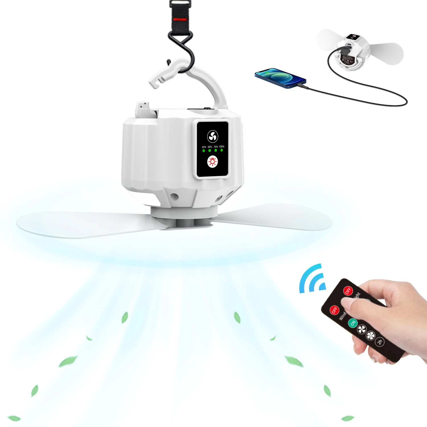 Multifunctional Camping Ceiling Fan with LED Light & USB Power Bank, Indoor & Outdoor Use for Tent, Bedroom, Office
Multifunctional Camping Ceiling Fan with LED Light & USB Power Bank, Indoor & Outdoor Use for Tent, Bedroom, Office