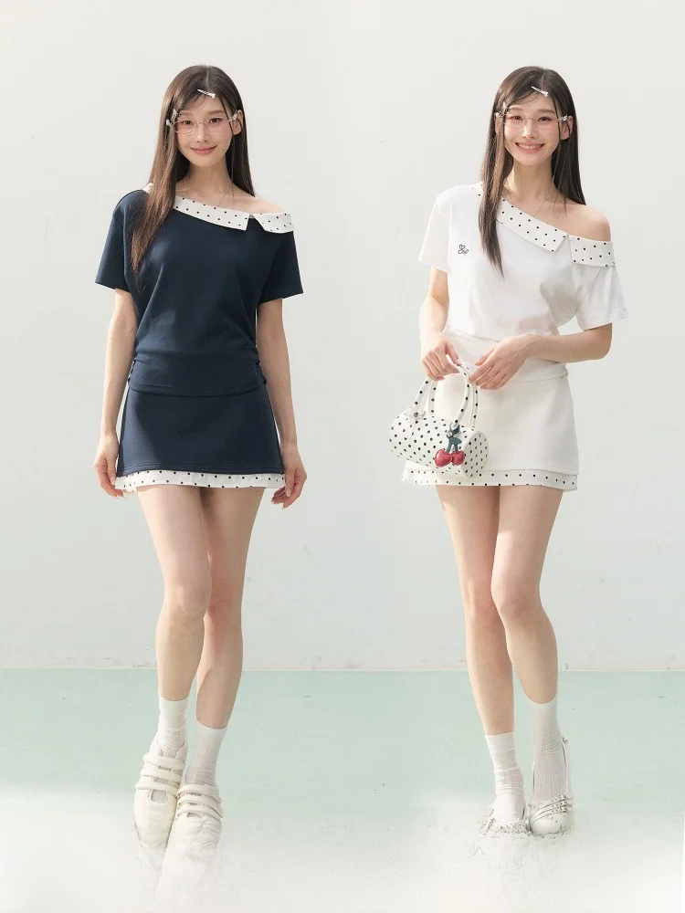 ELEVEN SP Summer Polka Dot Asymmetrical Shoulder Short Sleeve Women's Slim Fit T-Shirt Korean Style Design Casual Top
ELEVEN SP Summer Polka Dot Asymmetrical Shoulder Short Sleeve Women's Slim Fit T-Shirt Korean Style Design Casual Top