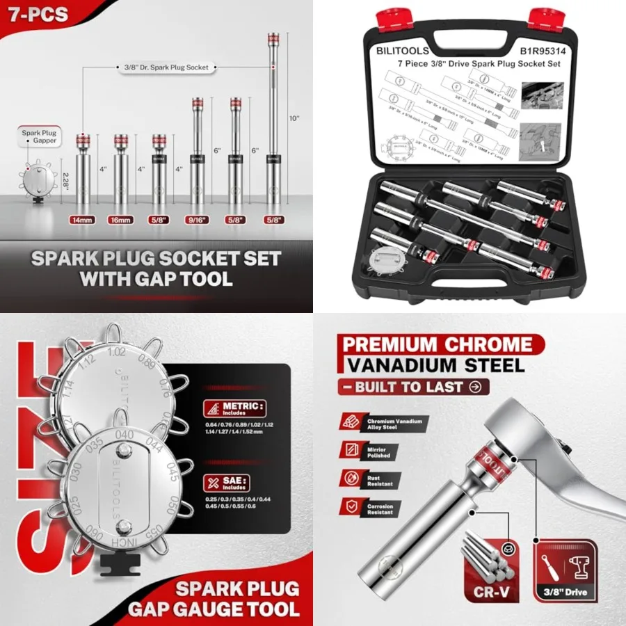 7 Piece Magnetic Swivel Spark Plug Socket Set with Gap Tool, 3/8-Inch Drive, 9/16'', 5/8'', 14mm, 16mm, 6 & 12 Point, CR-V
7 Piece Magnetic Swivel Spark Plug Socket Set with Gap Tool, 3/8-Inch Drive, 9/16'', 5/8'', 14mm, 16mm, 6 & 12 Point, CR-V
