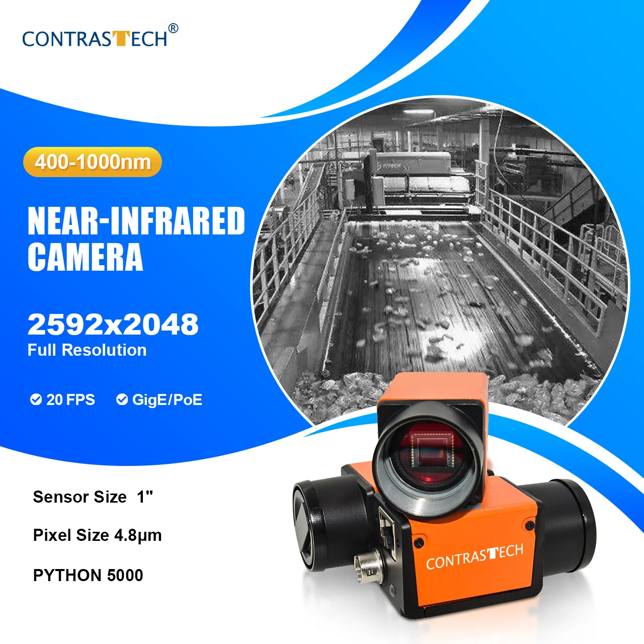 5MP 20fps NIR 400-1100nm 1 "PYTHON 5000 GigE инфракрасная камера для системы сортировки фруктов Интеграция Contrastech
5MP 20fps NIR 400-1100nm 1 "PYTHON 5000 GigE инфракрасная камера для системы сортировки фруктов Интеграция Contrastech