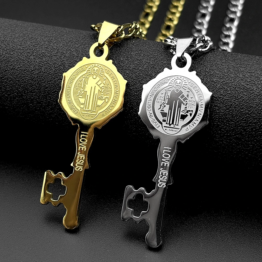 Catholic Saint Benedict Medal Key Shaped Pendant Necklace Stainless Steel I LOVE JESUS San Benito Chain Amulet Jewelry Gift
Catholic Saint Benedict Medal Key Shaped Pendant Necklace Stainless Steel I LOVE JESUS San Benito Chain Amulet Jewelry Gift
