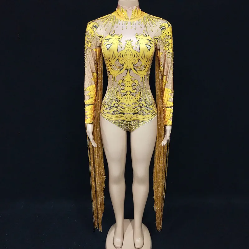 Sparkly Rhinestones Gold Tassel Bodysuit Women Sexy Jazz Dance Costume Printing Fringe Leotard Rave Outfit Performance Clothes
Sparkly Rhinestones Gold Tassel Bodysuit Women Sexy Jazz Dance Costume Printing Fringe Leotard Rave Outfit Performance Clothes