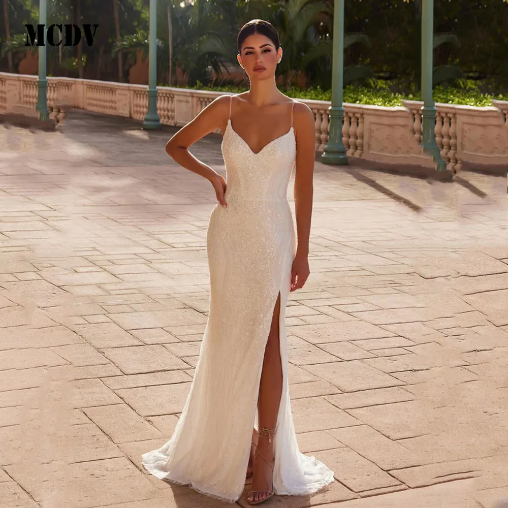 MCDV Split Beaded Wedding Dresses For Women Mermaid Spaghetti Straps Backless Tulle Luxury Bridal Vestidos De Novia Customized
MCDV Split Beaded Wedding Dresses For Women Mermaid Spaghetti Straps Backless Tulle Luxury Bridal Vestidos De Novia Customized