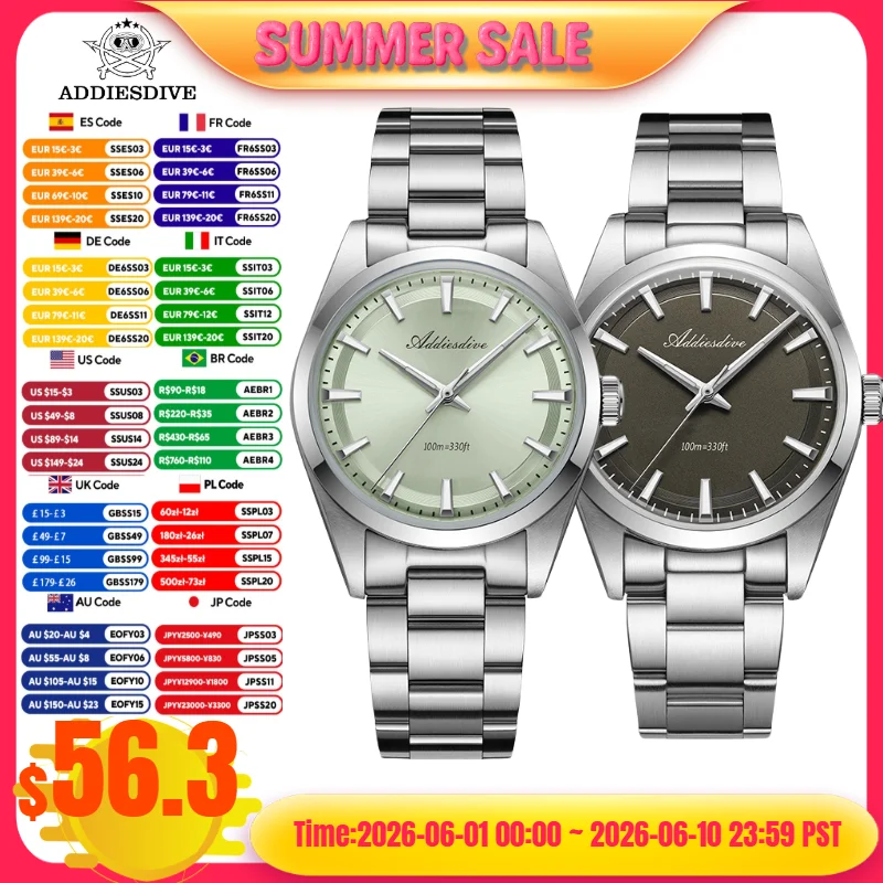 ADDIESDIVE 36mm Luxury Man Watch VH31 BGW9 Super Luminous 316L Stainless Steel Bubble Mirror Glass 100m Waterproof Quartz Watch
ADDIESDIVE 36mm Luxury Man Watch VH31 BGW9 Super Luminous 316L Stainless Steel Bubble Mirror Glass 100m Waterproof Quartz Watch