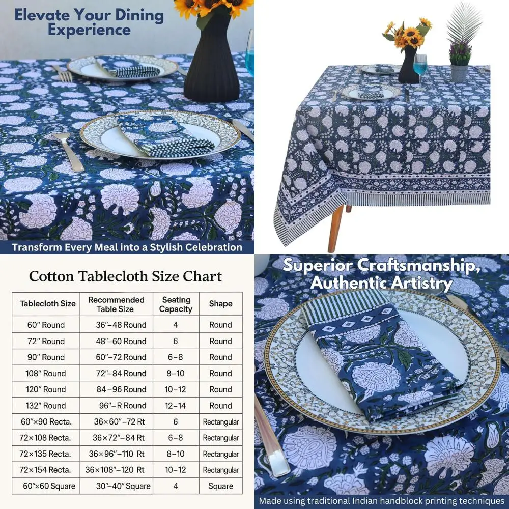 Boho Floral Block Print Cotton Tablecloth - 72x135 Rectangle, Seats 8-10, Dark Blue, Washable for Kitchen & Outdoor Use
Boho Floral Block Print Cotton Tablecloth - 72x135 Rectangle, Seats 8-10, Dark Blue, Washable for Kitchen & Outdoor Use