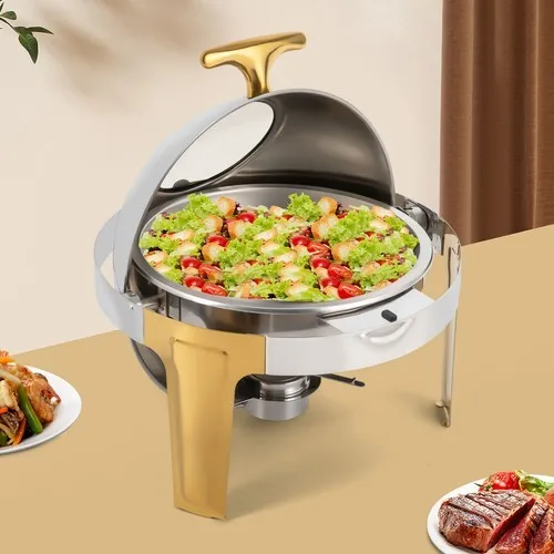 Roll Top Chafing Dish Buffet Set For Catering Events Stainless Steel 63 Quart Round Design With Gold Accent
Roll Top Chafing Dish Buffet Set For Catering Events Stainless Steel 63 Quart Round Design With Gold Accent