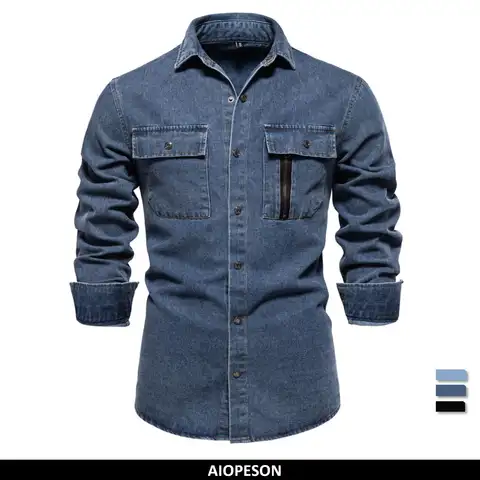 AIOPESON Mens 100% Cotton Denim Shirts Autumn Thick Cowboy High Quality Male Shirt Solid Color Button Casual Jeans Shirt