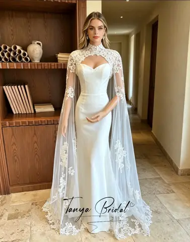 Floral Lace High Neck Long Sheer Tulle Wedding Cape Bridal Shawl Elegant Bride Shoulder Cloak Bolero Cover Up for Bride