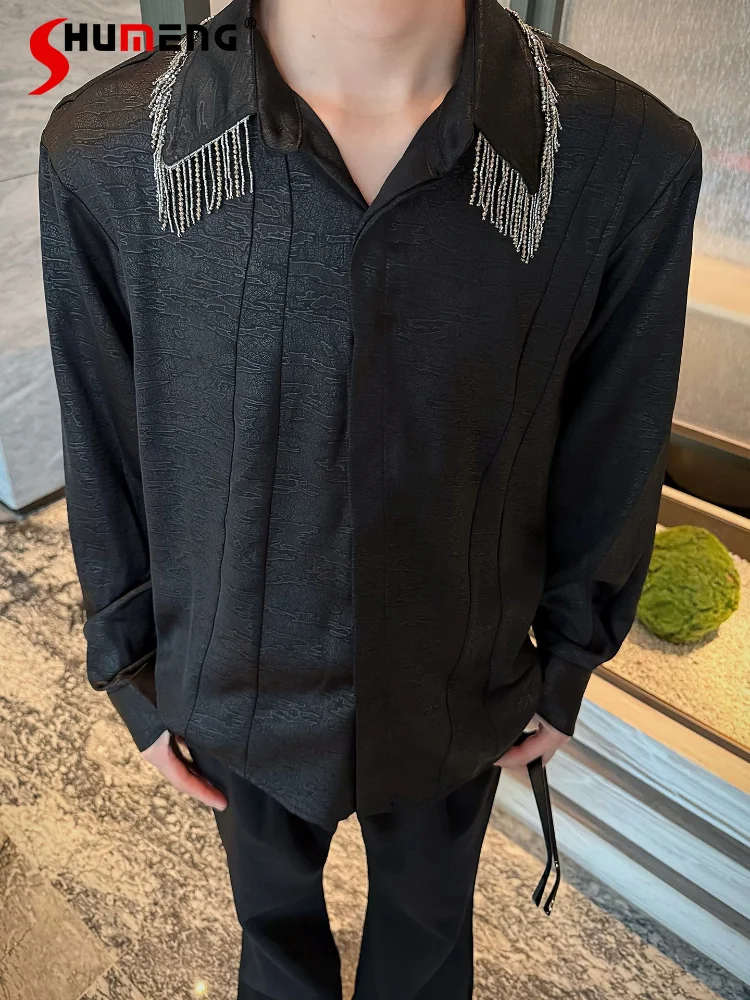Fashion Satin Shirts Men Summer 2026 Collar Rhinestone Tassel Design Tops Male Solid Color Chic Long-sleeve Loose Comfort Shirts
Fashion Satin Shirts Men Summer 2026 Collar Rhinestone Tassel Design Tops Male Solid Color Chic Long-sleeve Loose Comfort Shirts