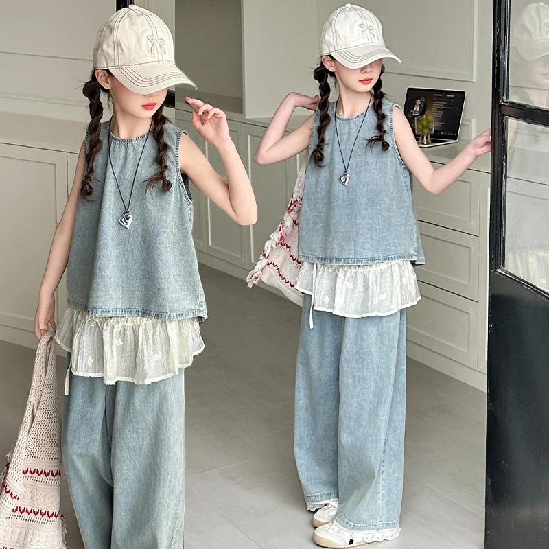 Children Summer Outfits Fashion New Girls Patchwork Wide Leg Pants 2 Pcs Sets Solid Color Teenager Students Demi Casual Suits
Children Summer Outfits Fashion New Girls Patchwork Wide Leg Pants 2 Pcs Sets Solid Color Teenager Students Demi Casual Suits