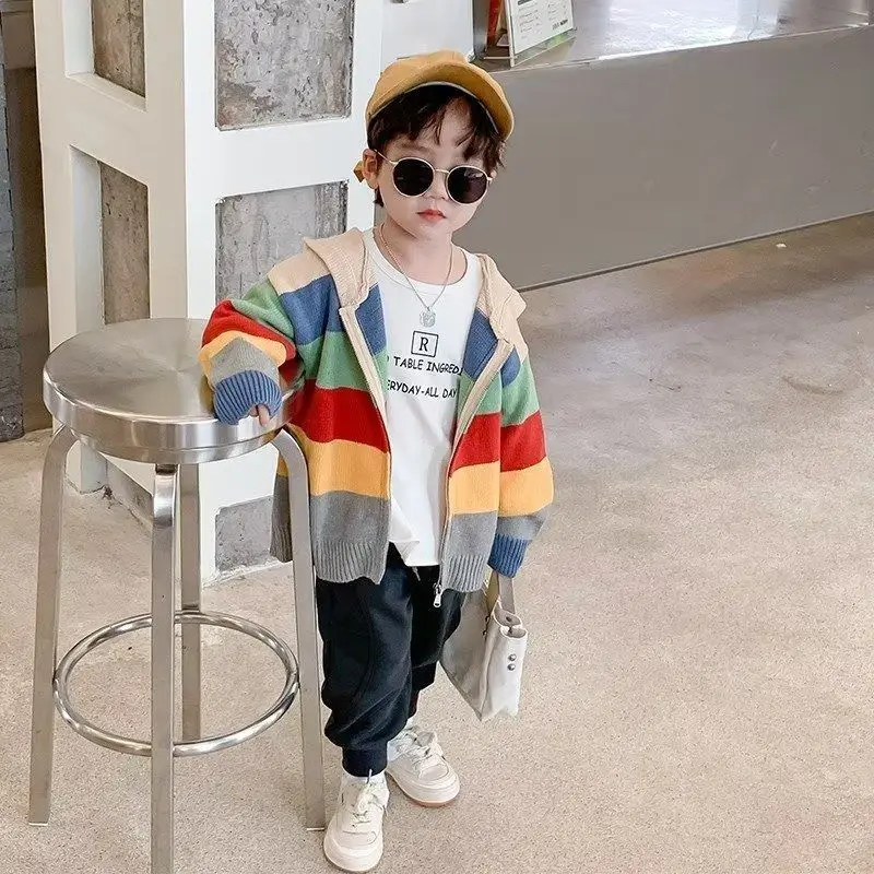 Вязаный кардиган, полосатый свитер с капюшоном для детей, осень-зима 2022, повседневный корейский стиль для мальчиков
Вязаный кардиган, полосатый свитер с капюшоном для детей, осень-зима 2022, повседневный корейский стиль для мальчиков