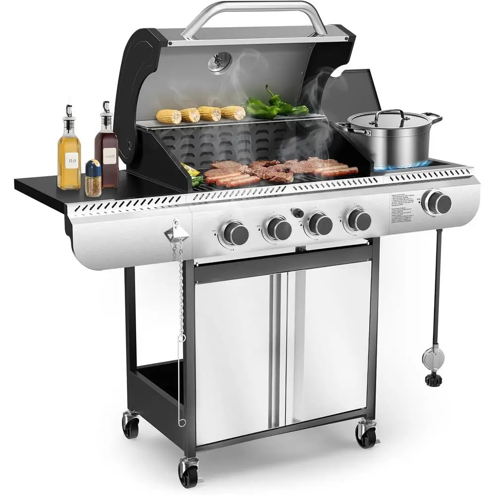 4-Burner Gas BBQ Grill with Side Burner, Porcelain-Enameled Grills, 42,000 BTU Stainless Steel Propane Grill for Outdoor Cooking
4-Burner Gas BBQ Grill with Side Burner, Porcelain-Enameled Grills, 42,000 BTU Stainless Steel Propane Grill for Outdoor Cooking
