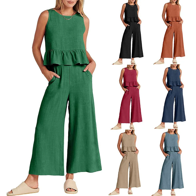 Lucyever Summer 2 Piece Set Women Vintage Round Neck Sleeveless Ruffled Spliced Tees Tops Loose with Pockets Wide Leg Pants New
Lucyever Summer 2 Piece Set Women Vintage Round Neck Sleeveless Ruffled Spliced Tees Tops Loose with Pockets Wide Leg Pants New
