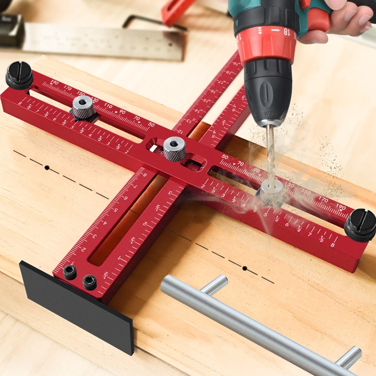 Метрическая/дюймовая ручка шкафа, регулируемый локатор пуансона, инструмент для сверления, шаблон, направляющая, линейка позиционирования для ручек ящиков
Метрическая/дюймовая ручка шкафа, регулируемый локатор пуансона, инструмент для сверления, шаблон, направляющая, линейка позиционирования для ручек ящиков