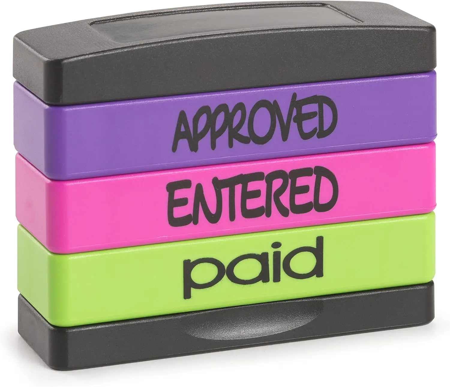 Pre-Inked Message Stamp – Approved, Entered, Paid – Purple, Pink, Green Ink – 5/8" x 1-13/16" Impression
Pre-Inked Message Stamp – Approved, Entered, Paid – Purple, Pink, Green Ink – 5/8" x 1-13/16" Impression