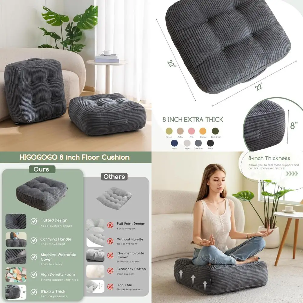 Adults' 22x22 Inch Washable Meditation Floor Pillow Cushions, 2 Pack, Removable Corduroy Cover, Ideal for Yoga and Living Room
Adults' 22x22 Inch Washable Meditation Floor Pillow Cushions, 2 Pack, Removable Corduroy Cover, Ideal for Yoga and Living Room