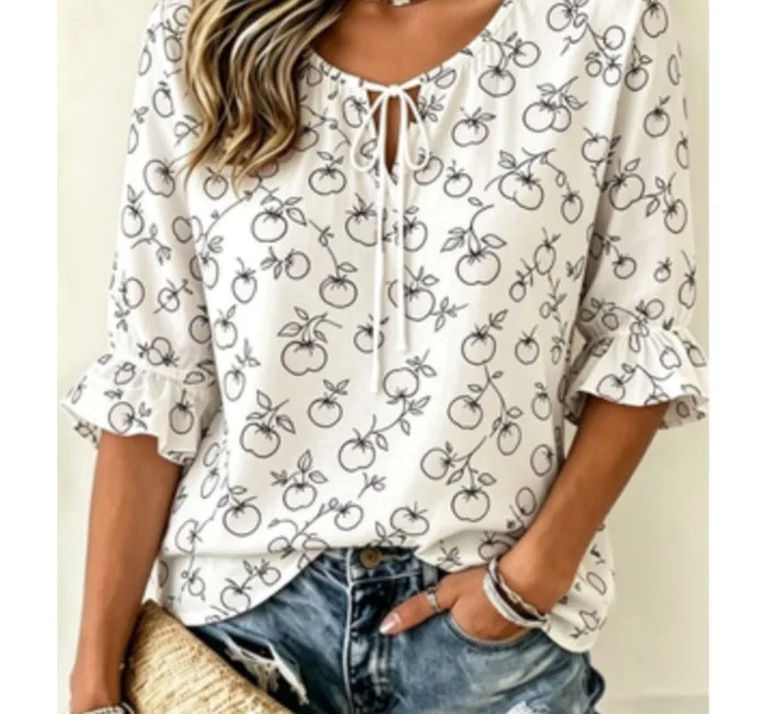 Women's Line Art Fruit Print Tie Neck Blouse, Ruffle Half Sleeve Casual Loose Top for Minimalist Summer Daily Wear
Women's Line Art Fruit Print Tie Neck Blouse, Ruffle Half Sleeve Casual Loose Top for Minimalist Summer Daily Wear