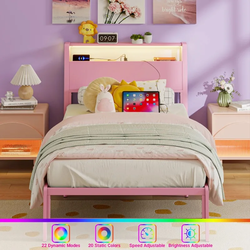 Power Outlet LED Light Twin Metal Platform Bed Frame with 2-Tier Storage USB Port Charging Station Headboard , Pink
Power Outlet LED Light Twin Metal Platform Bed Frame with 2-Tier Storage USB Port Charging Station Headboard , Pink