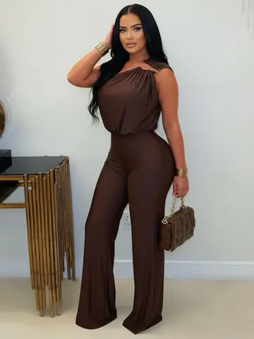 Women One Shoulder Sleeveless Jumpsuit Ruched Neck High Waist Wide Leg Long Romper For Evening Club Party Occasion