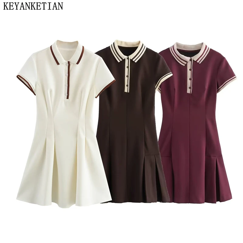 KEYANKETIAN Summer New Women's Polo neck Short Sleeve Mini Dress Preppy Style Color Matching Striped Slim A Line Pleated Dress
KEYANKETIAN Summer New Women's Polo neck Short Sleeve Mini Dress Preppy Style Color Matching Striped Slim A Line Pleated Dress