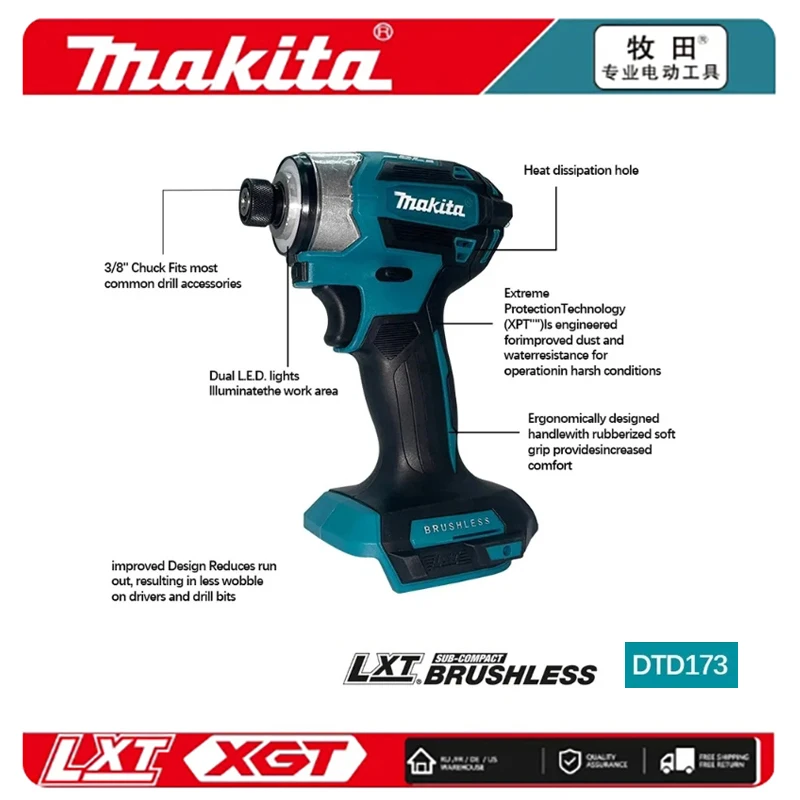 Makita DTD173 1800rpm Cordless Impact Driver 180Nm Brushless Motor Electric Drill Wood/Bolt/T-Mode For 18V Makita Battery
Makita DTD173 1800rpm Cordless Impact Driver 180Nm Brushless Motor Electric Drill Wood/Bolt/T-Mode For 18V Makita Battery