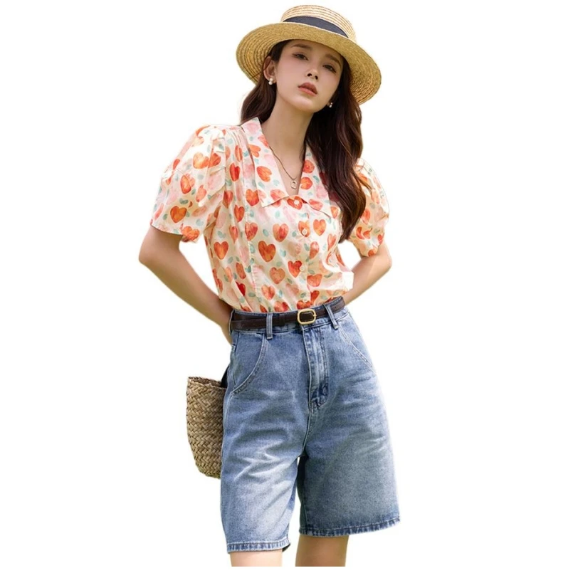 Summer New Cotton Feminine Turn-down Collar Shirts Puff Sleeves Vintage Red Heart Printed Elegant Prairie Chic Tops Blouses
Summer New Cotton Feminine Turn-down Collar Shirts Puff Sleeves Vintage Red Heart Printed Elegant Prairie Chic Tops Blouses