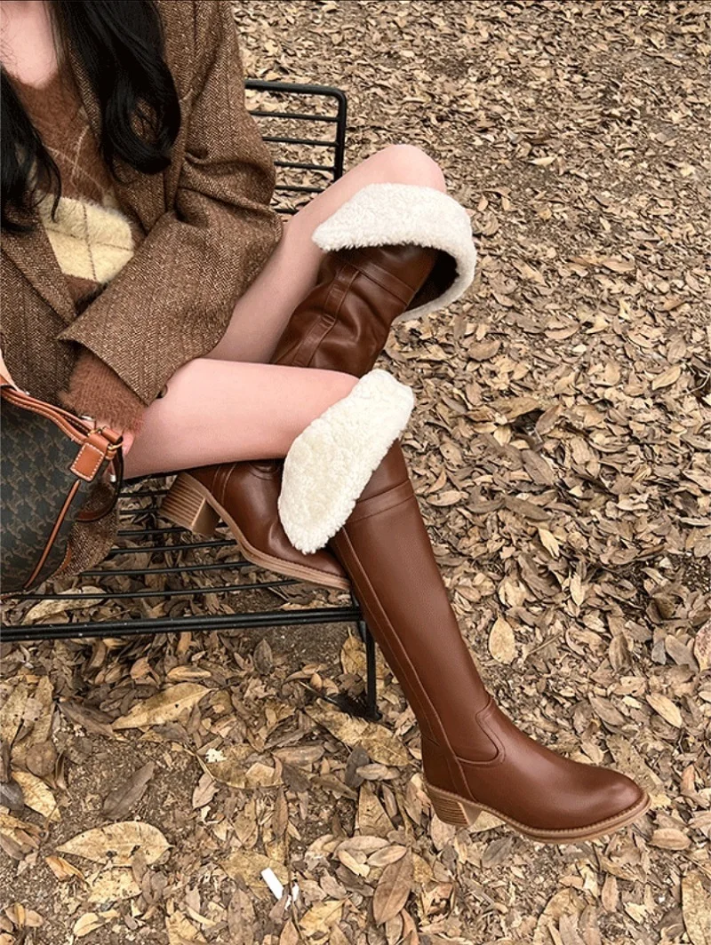 Knee- High Boots Slip On Split Leather Warm Shoes Thick Plush Inner Keep Warm Winter Boots Round Toe Modern Girls Fashin Shoes
Knee- High Boots Slip On Split Leather Warm Shoes Thick Plush Inner Keep Warm Winter Boots Round Toe Modern Girls Fashin Shoes
