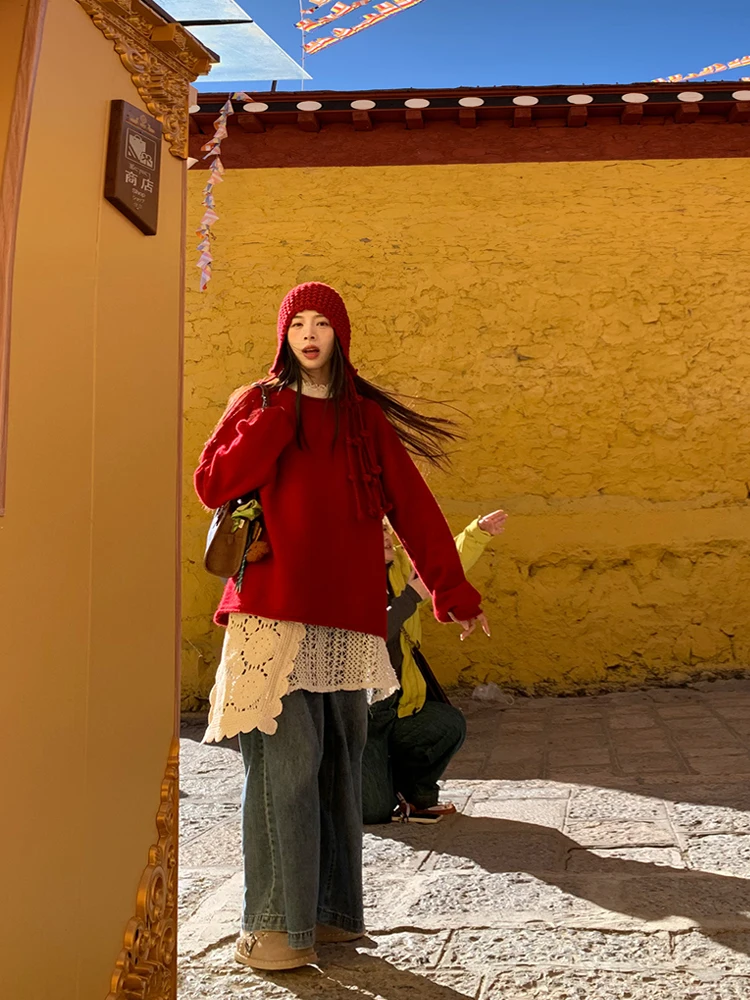 2025 Winter Thiened Knitted Sweater Women's Leisure Travel Outfit Red Overhead Sweater Loose Fit Knitwear Outerwear
2025 Winter Thiened Knitted Sweater Women's Leisure Travel Outfit Red Overhead Sweater Loose Fit Knitwear Outerwear