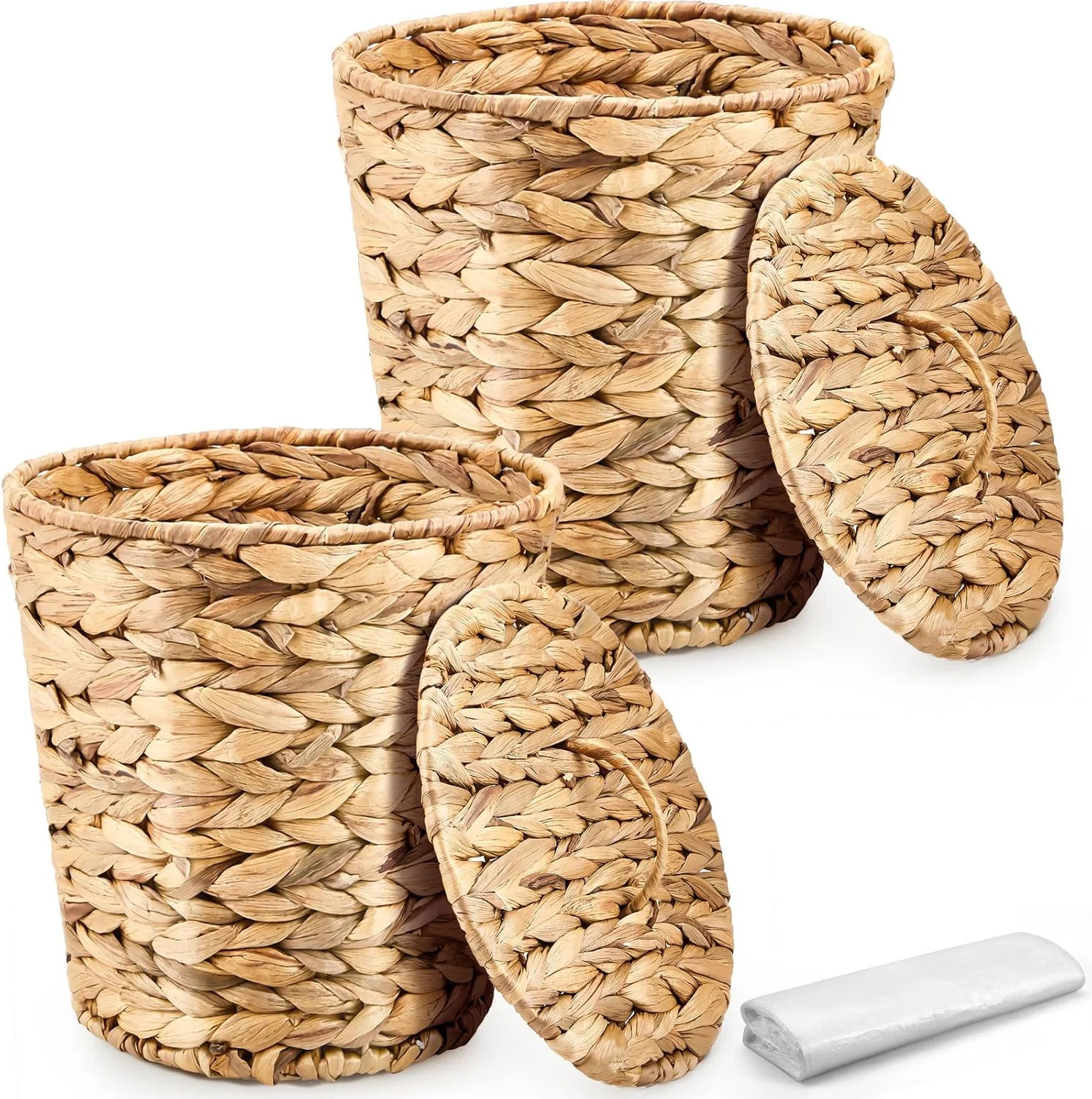 2-Pack Woven Trash Can with Lid and 100 Bags, Natural Wicker Waste Basket for Bathroom Kitchen Office
2-Pack Woven Trash Can with Lid and 100 Bags, Natural Wicker Waste Basket for Bathroom Kitchen Office
